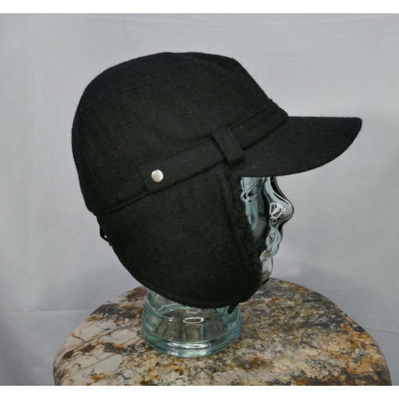 Calvin Klein Black Trapper Trooper Hat Chin Strap Ear Flaps Faux Fur One Size - Picture 7 of 16